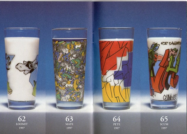 Ritzenhoff Milkglas Graffiti Edition 1997 BOMBER, CEMNOZ, DAIM, LOOMIT, PETE, MATE, NEON.