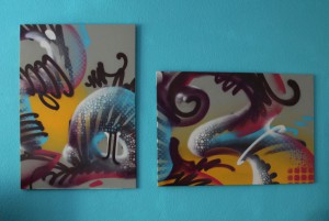 B-und-R, jeweils ca. 60 x 80 cm, Spraycan on canvas, Sprühdose auf Leinwand, 2013